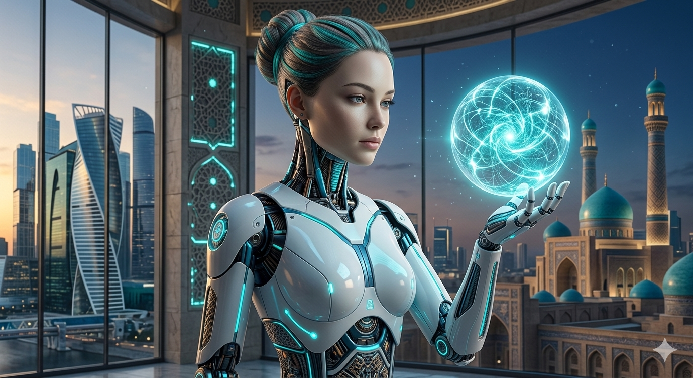 Lura AI humanoid assistant holding a glowing neural language model orb in a Tashkent research lab